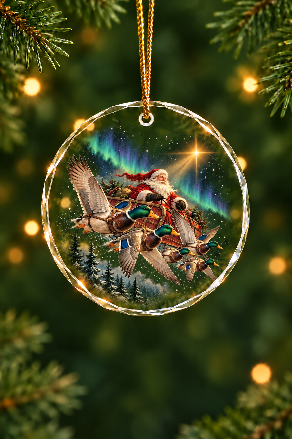 Santa Mallard Flight Sleigh - Glass Ornament image 1