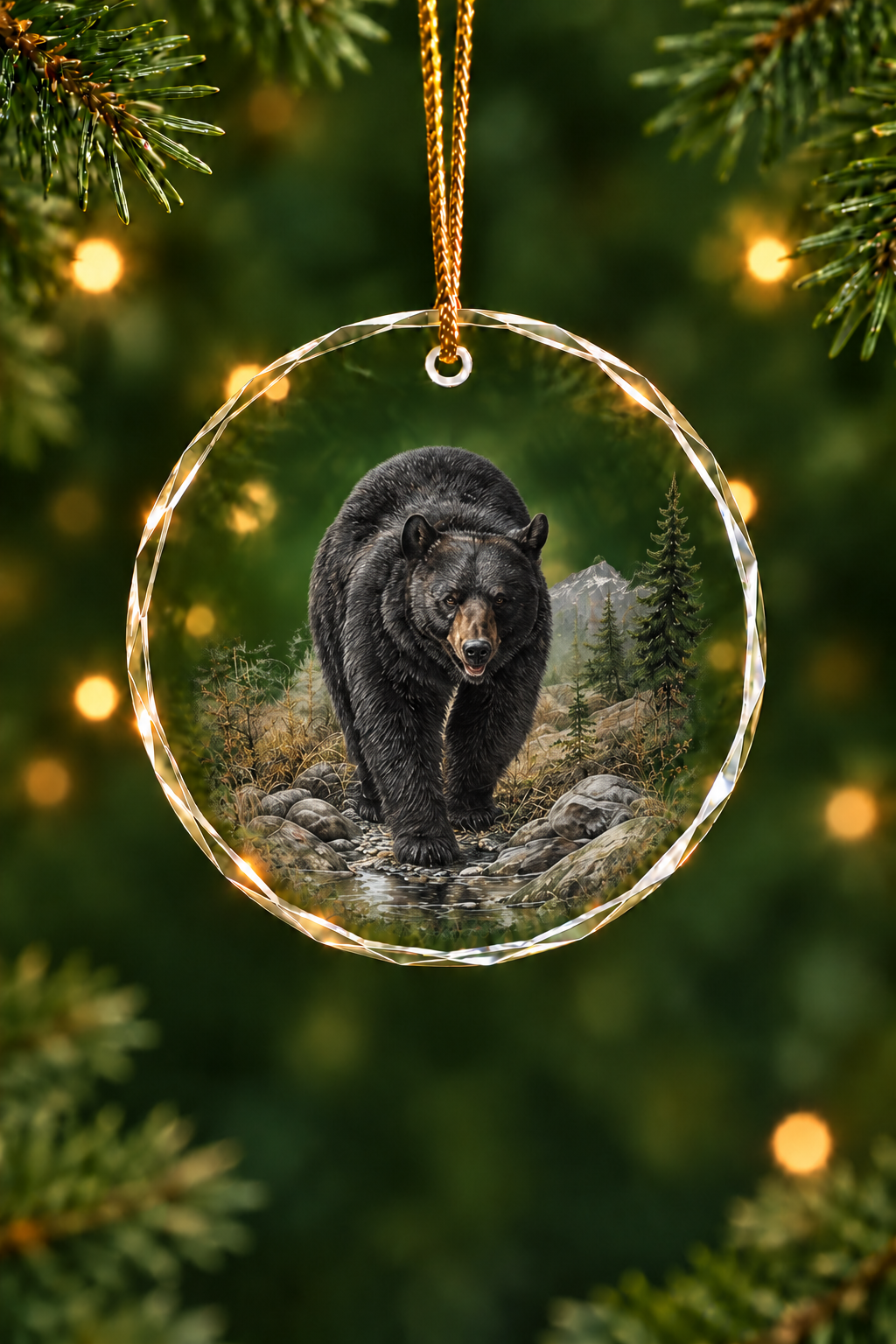 Mountain Stream Black Bear Crossing - Glass Ornament image 1