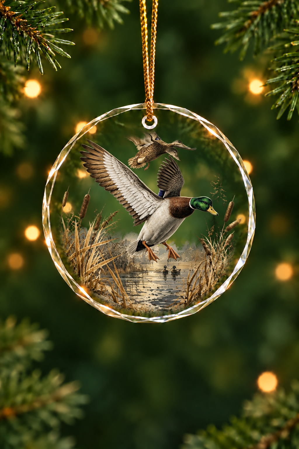 Golden Cattail Mallard Descent - Glass Ornament image 1