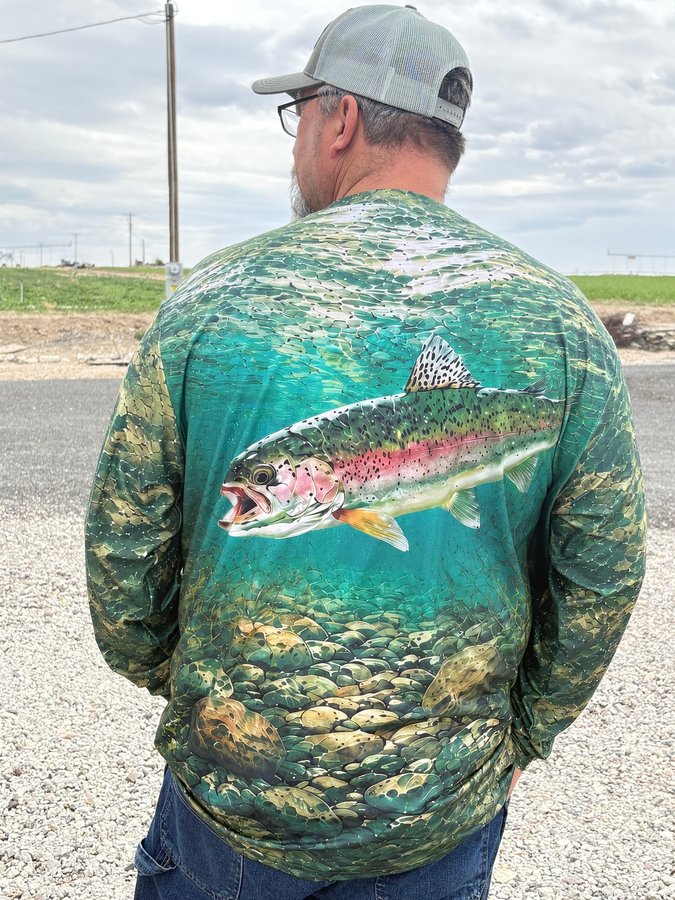 Customer wearing Sunlit Creek Rainbow trout shirt