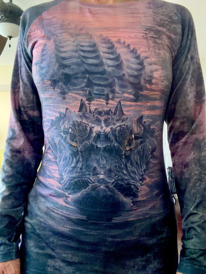 Customer wearing women's Dusk Gator Watch shirt
