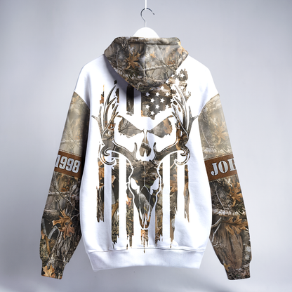 Deer Hunting Hoodie - Skull Camo & US Flag Design