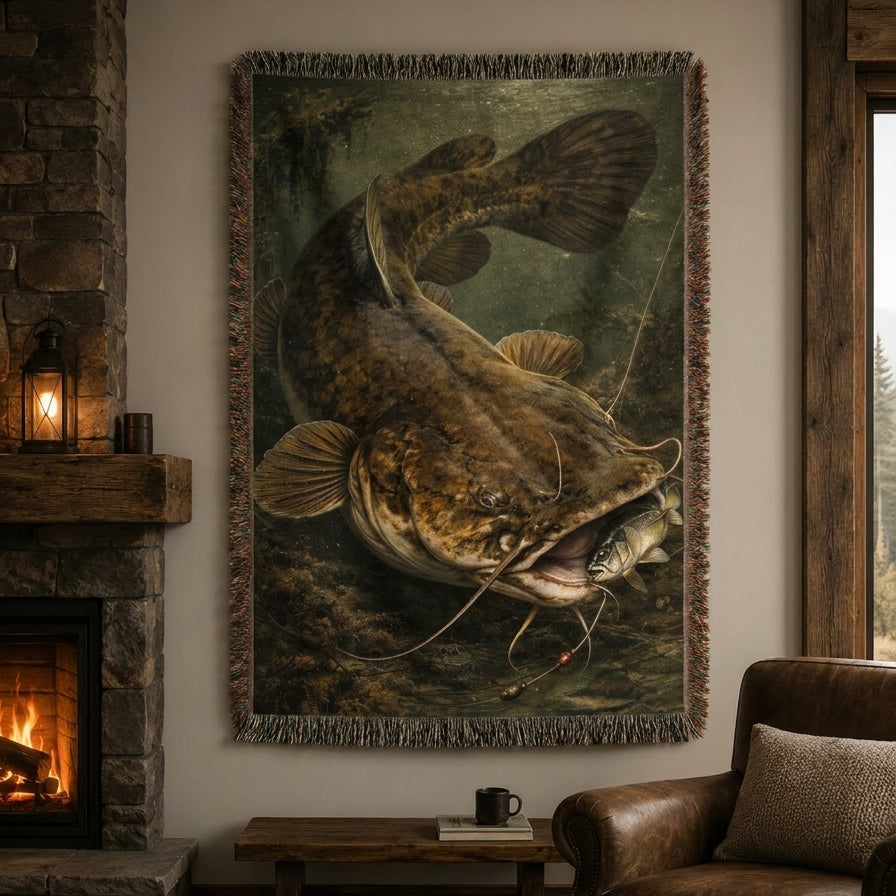 Flathead Catfish Woven Lodge Throw Blanket