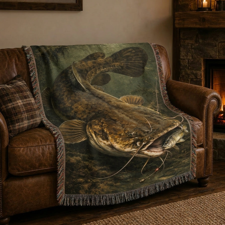 Flathead Catfish Woven Lodge Throw Blanket