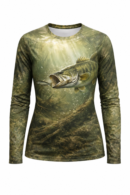 Performance Fishing Female Long Sleeve - Timber Bass Sunray - PGH03 mockup artwork side