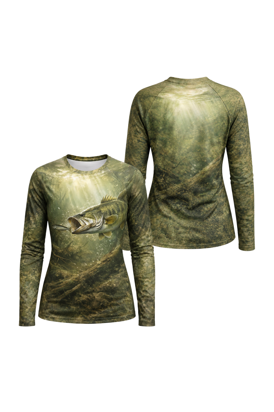 Performance Fishing Female Long Sleeve - Timber Bass Sunray - PGH03 two shirts front artwork