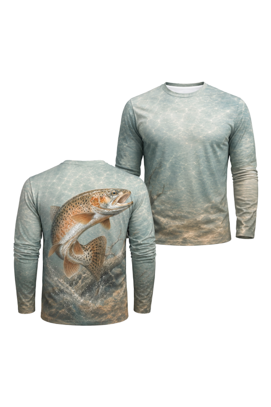 Performance Fishing Long Sleeve - Alkaline Trout Drift - AOF66 two shirts front artwork