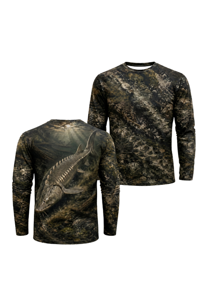 Performance Fishing Long Sleeve - Ancient Armor Sturgeon - TBT131 two shirts front artwork