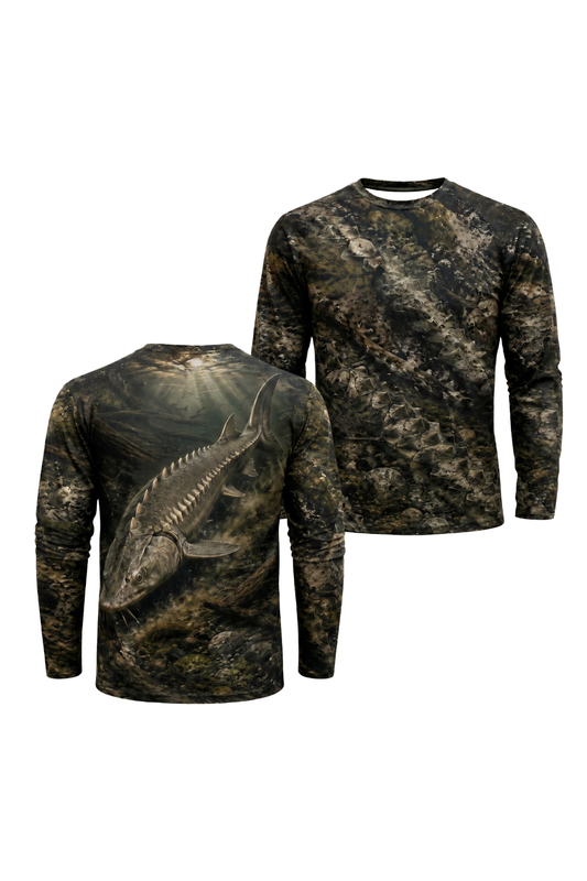 Performance Fishing Long Sleeve - Ancient Armor Sturgeon - TBT131 two shirts front artwork