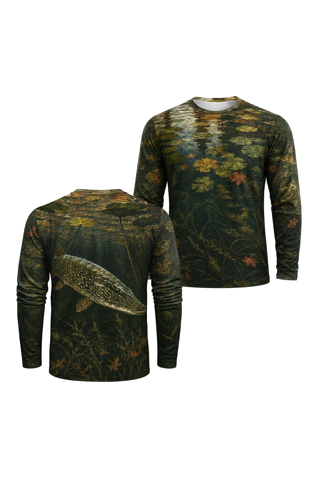 Performance Fishing Long Sleeve - Autumn Padline Pike - RNP07 two shirts front artwork