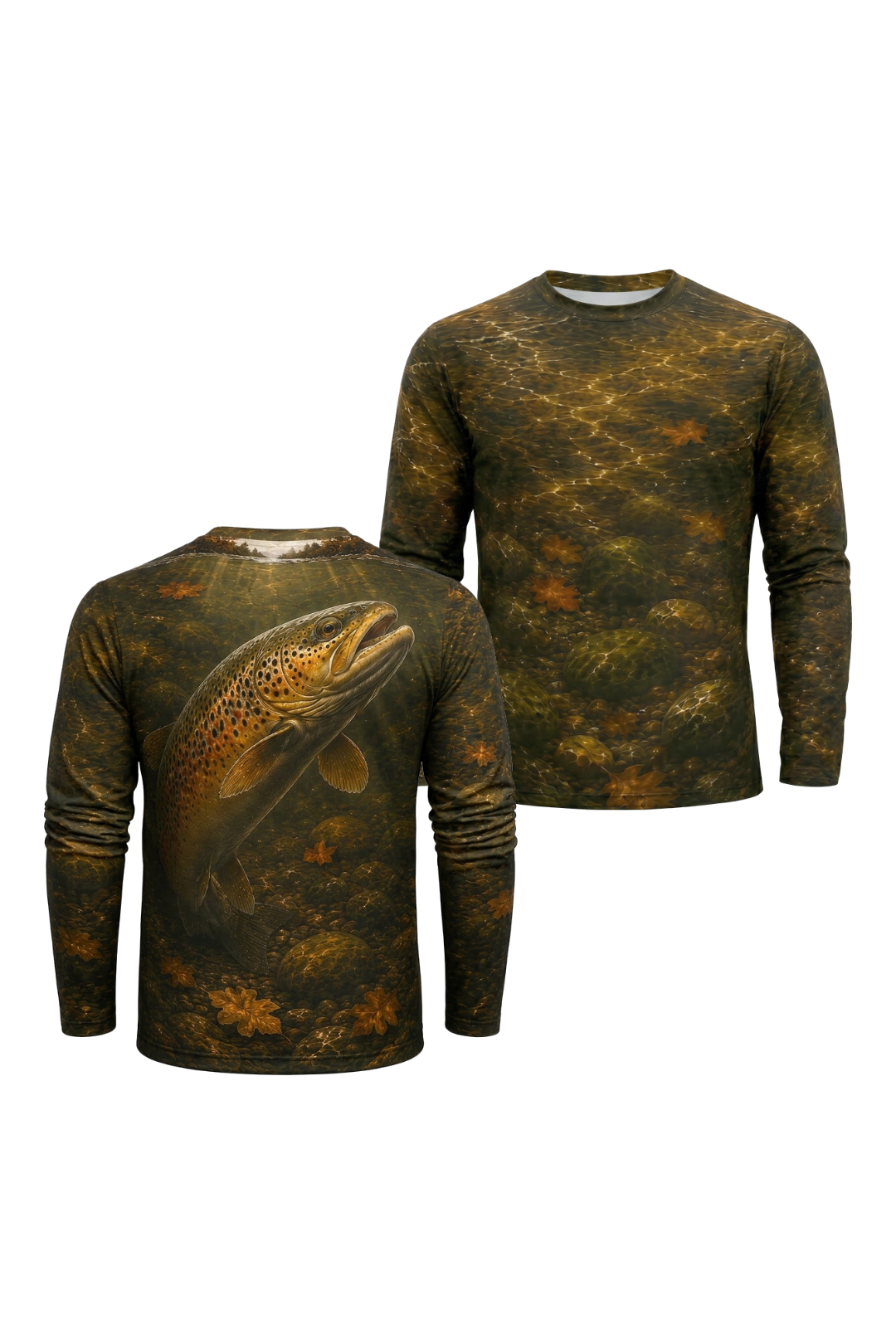 Performance Fishing Long Sleeve - Autumn River Brown Trout - RT09 two shirts front artwork