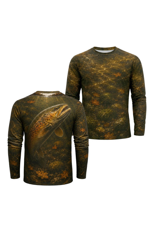 Performance Fishing Long Sleeve - Autumn River Brown Trout - RT09 two shirts front artwork