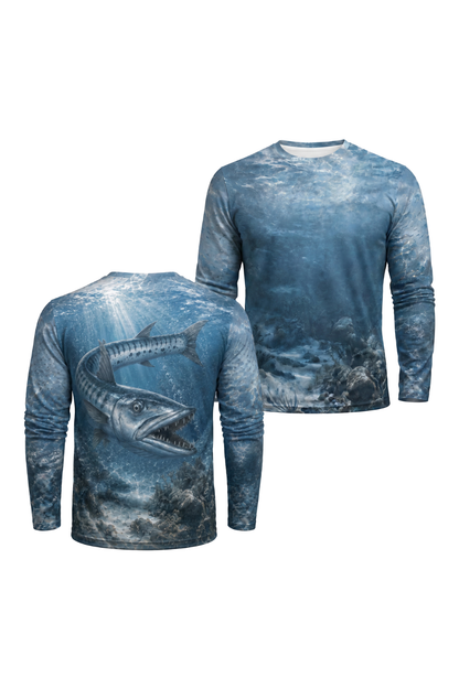 Performance Fishing Long Sleeve - Barracuda Reef Phantom - AOF47 two shirts front artwork