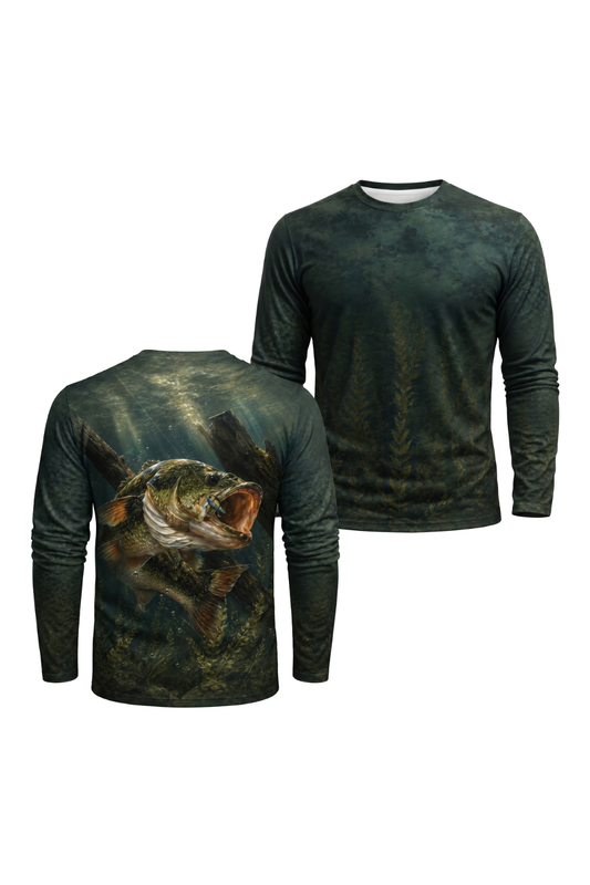 Performance Fishing Long Sleeve - Bass Timber Strike - AOF45 two shirts front artwork