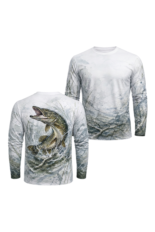 Performance Fishing Long Sleeve - Bay Ghost Pike - AOF96 two shirts front artwork