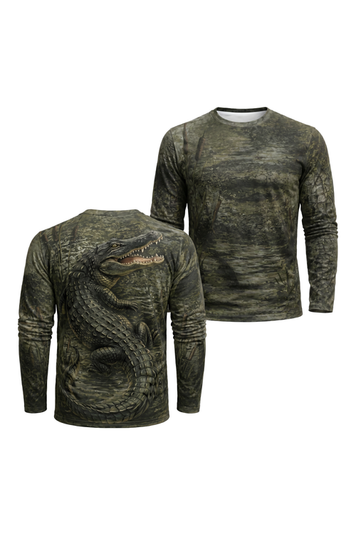 Performance Fishing Long Sleeve - Bayou Ambush Gator - AOF113 two shirts front artwork