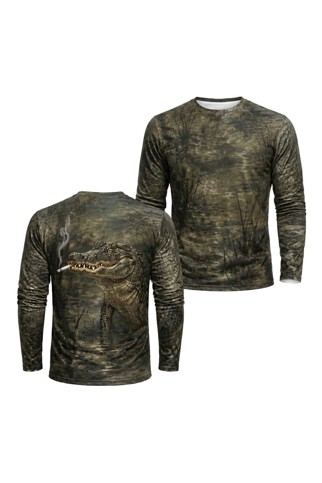 Performance Fishing Long Sleeve - Bayou Gator Smoke - AOF121 two shirts front artwork