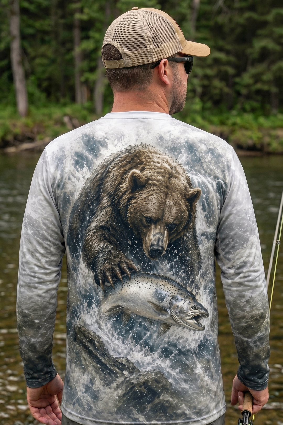 Performance Fishing Long Sleeve - Bear & Silver Salmon - AOF88 lifestyle artwork side