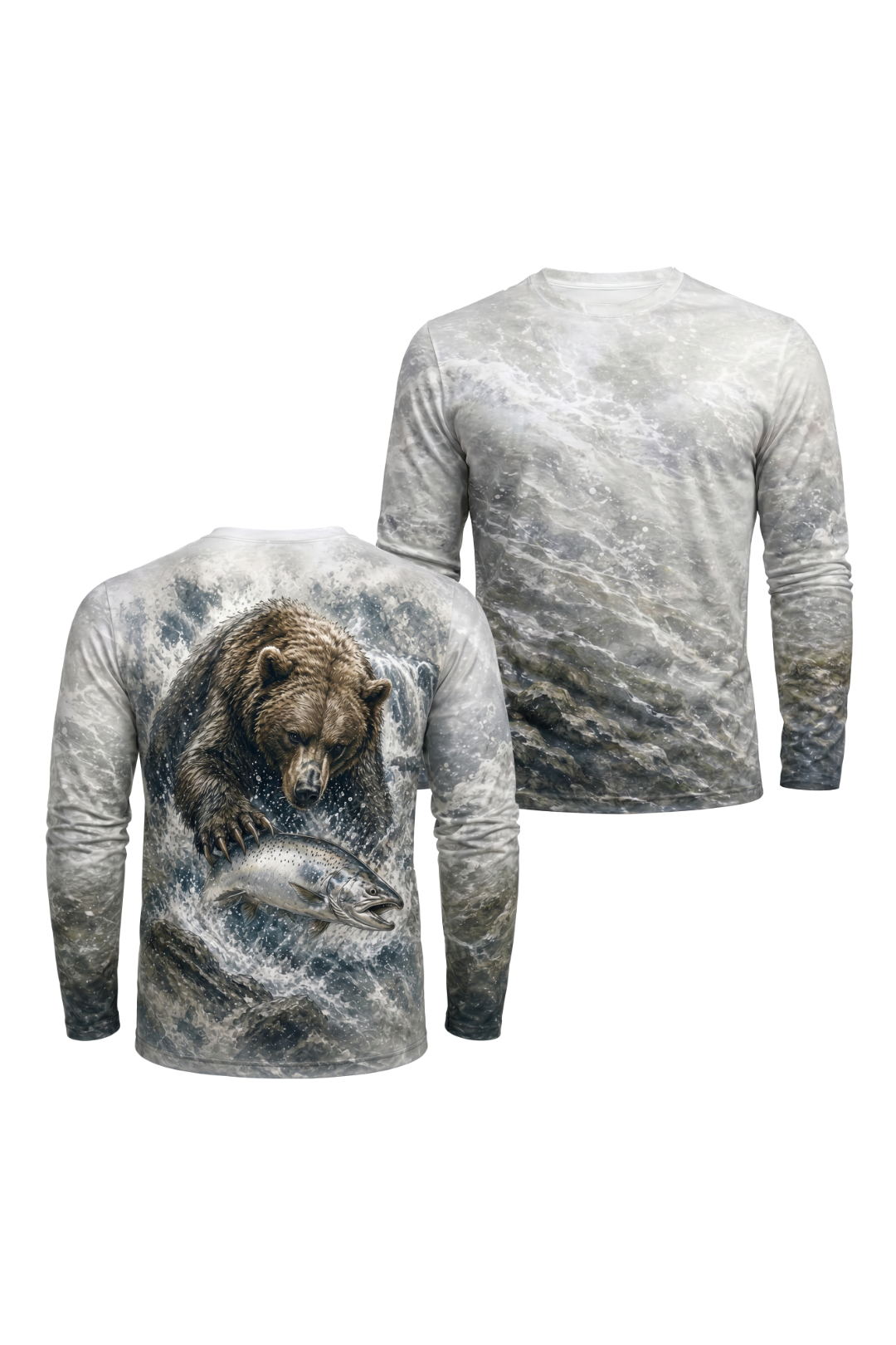 Performance Fishing Long Sleeve - Bear & Silver Salmon - AOF88 two shirts front artwork