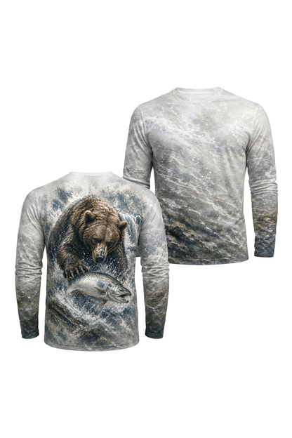 Performance Fishing Long Sleeve - Bear & Silver Salmon - AOF88 two shirts front artwork