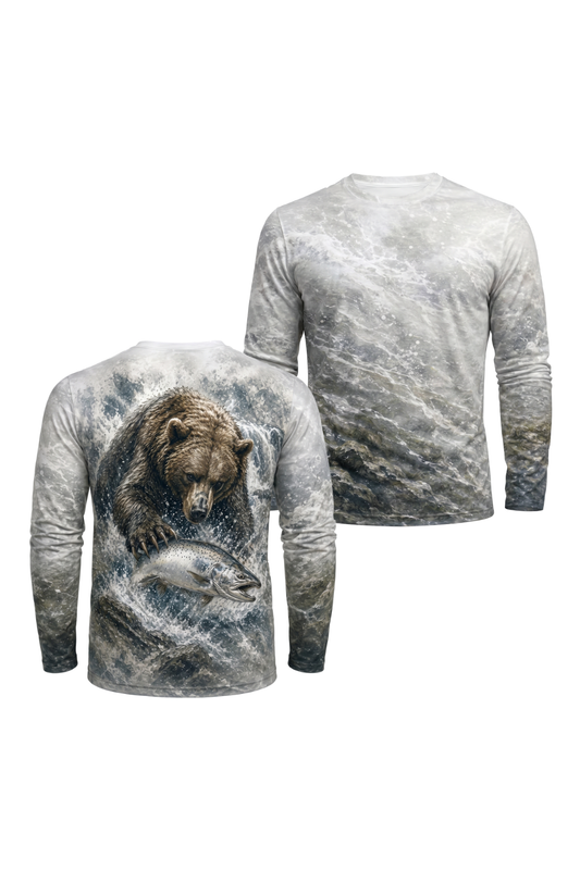 Performance Fishing Long Sleeve - Bear & Silver Salmon - AOF88 two shirts front artwork