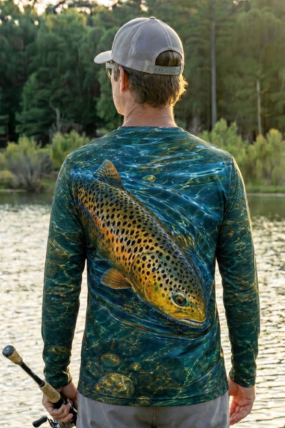 Performance Fishing Long Sleeve - Blue Current Brown Trout - RT22 lifestyle artwork side
