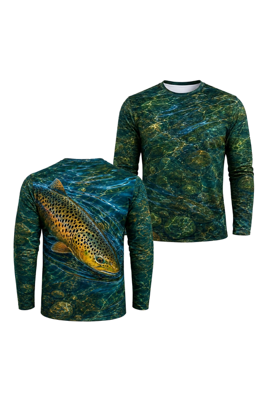 Performance Fishing Long Sleeve - Blue Current Brown Trout - RT22 two shirts front artwork
