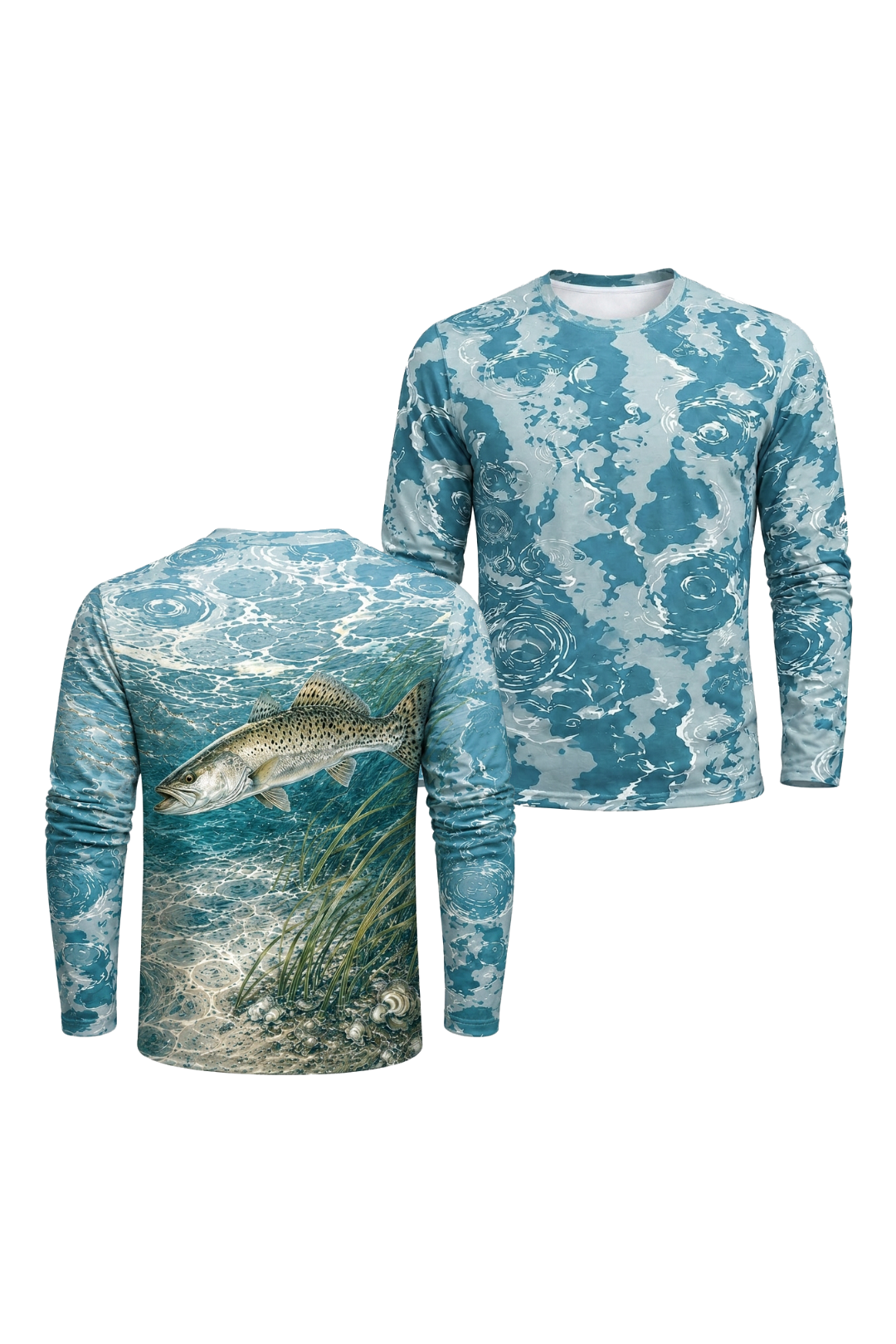 Performance Fishing Long Sleeve - Blue Current Speckled Trout - RT06 two shirts front artwork