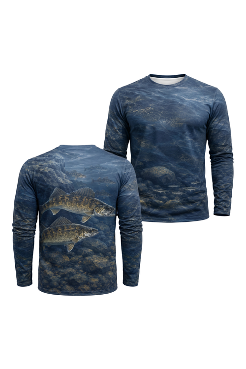 Performance Fishing Long Sleeve - Blue Rock Walleye - AOF109 two shirts front artwork