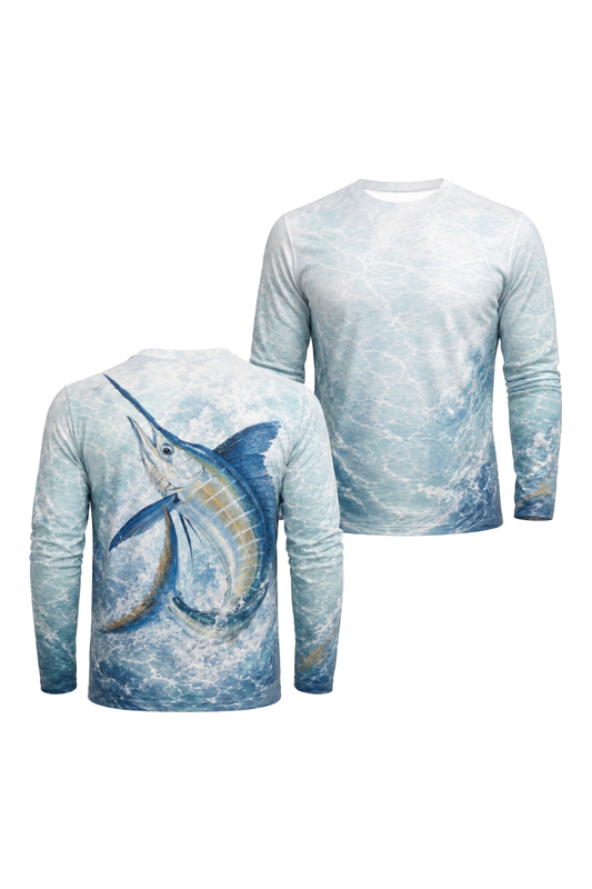 Performance Fishing Long Sleeve - Blue Surge Marlin - AOF113 two shirts front artwork