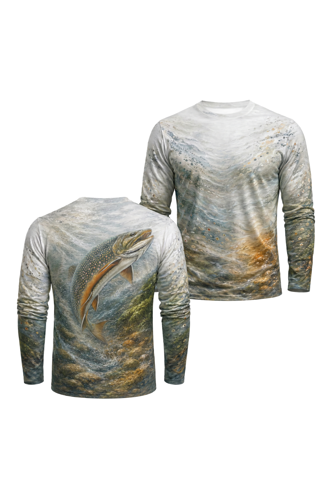 Performance Fishing Long Sleeve - Brook Trout Boulder Run - AOF55 two shirts front artwork