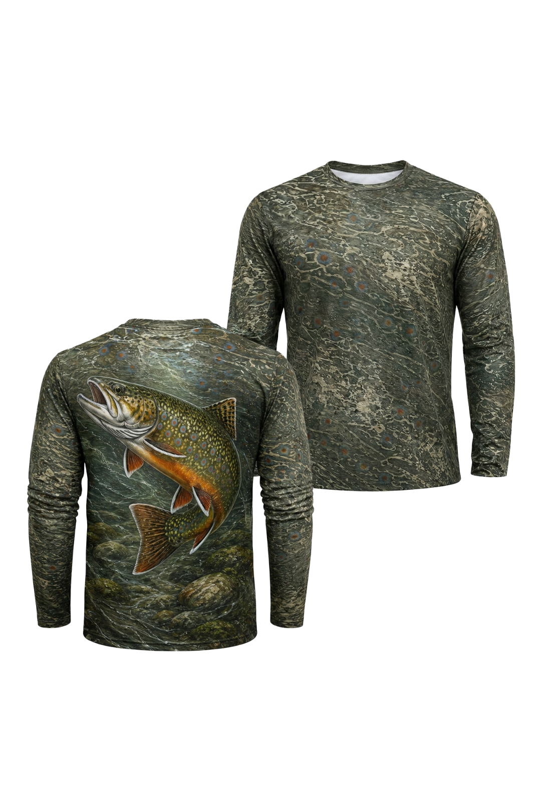 Performance Fishing Long Sleeve - Brook Trout Current Camo - RT15 two shirts front artwork