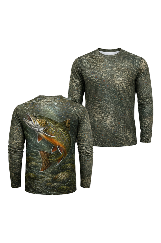 Performance Fishing Long Sleeve - Brook Trout Current Camo - RT15 two shirts front artwork