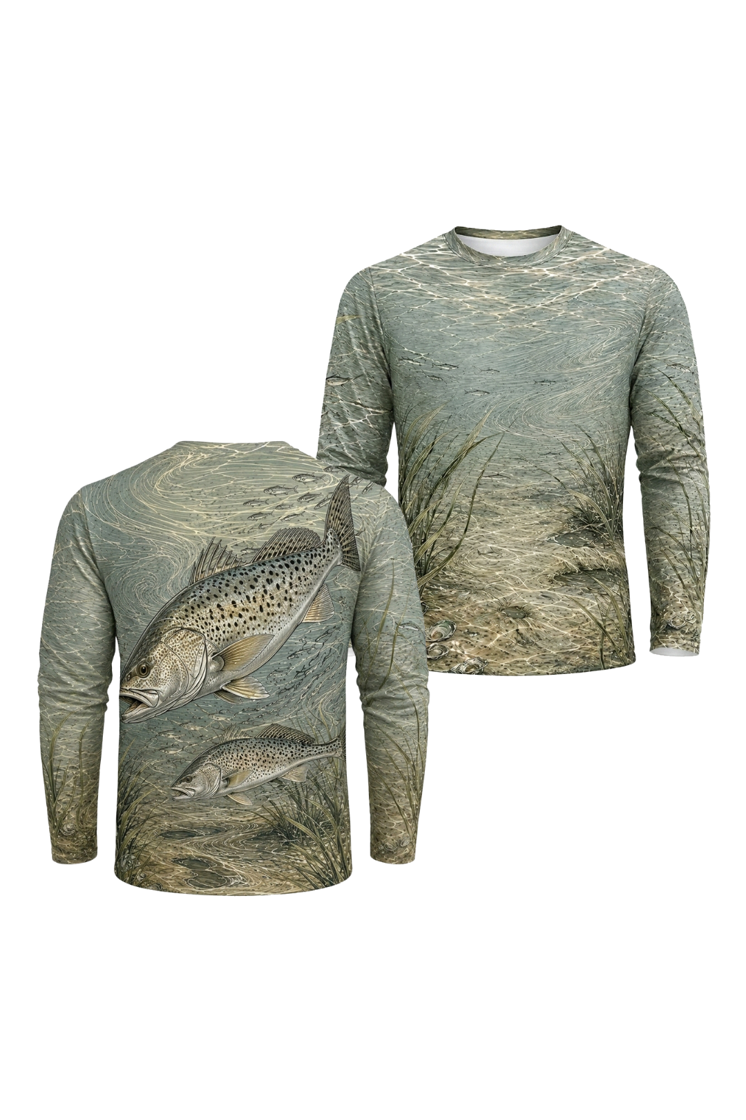 Performance Fishing Long Sleeve - Clear Current Trout - RT01 two shirts front artwork