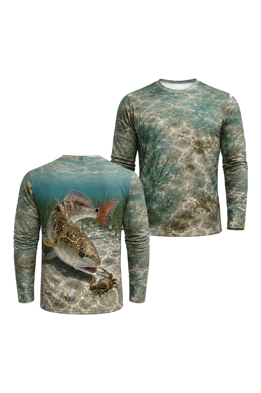 Performance Fishing Long Sleeve - Clear Flats Redfish Hunt - RRF02 two shirts front artwork