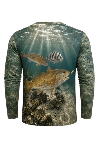 Performance Fishing Long Sleeve - Clearwater Reef Redfish Hunt - RRF03 mockup artwork side