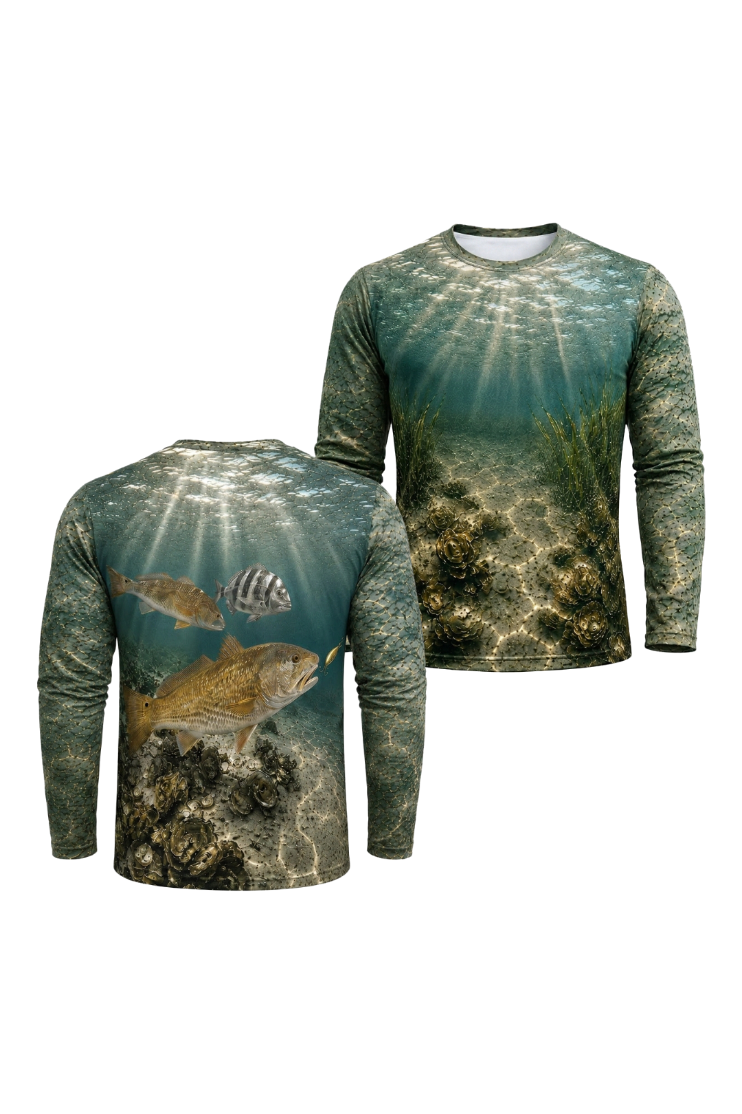 Performance Fishing Long Sleeve - Clearwater Reef Redfish Hunt - RRF03 two shirts front artwork