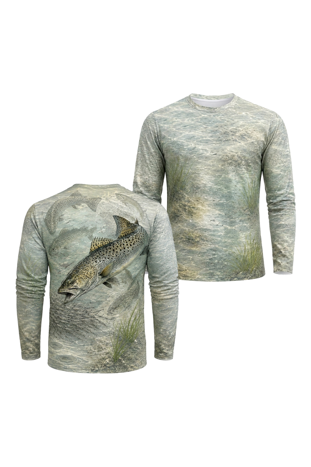 Performance Fishing Long Sleeve - Clearwater Speckled Trout Run - RT02 two shirts front artwork