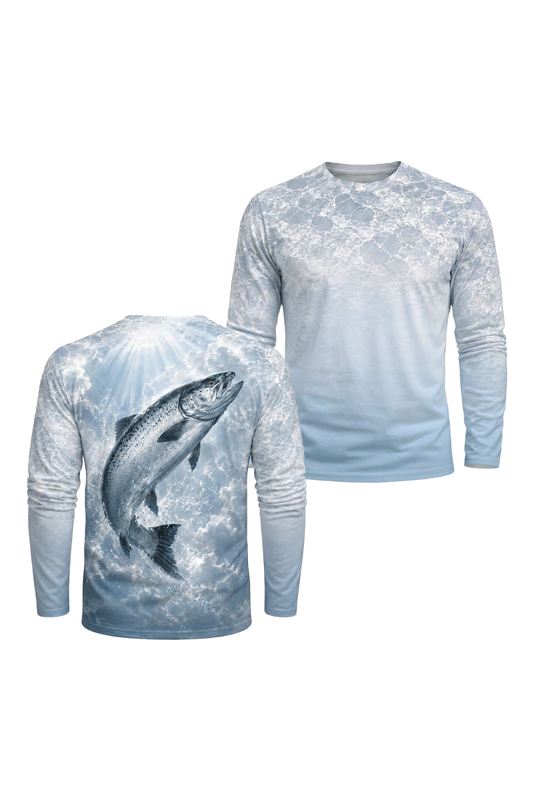 Performance Fishing Long Sleeve - Cloudburst King Salmon - TBT158 two shirts front artwork