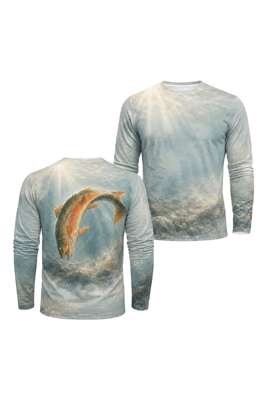 Performance Fishing Long Sleeve - Cold Current Trout Strike - AOF67 two shirts front artwork