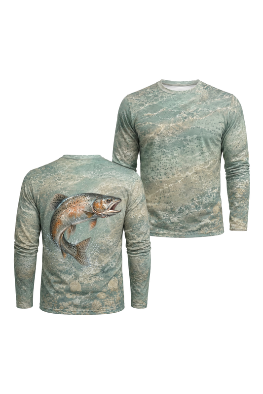 Performance Fishing Long Sleeve - Cold Sage Trout Drift - AOF64 two shirts front artwork