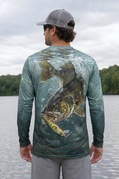 Performance Fishing Long Sleeve - Cold Teal Walleye - AOF102 lifestyle artwork side
