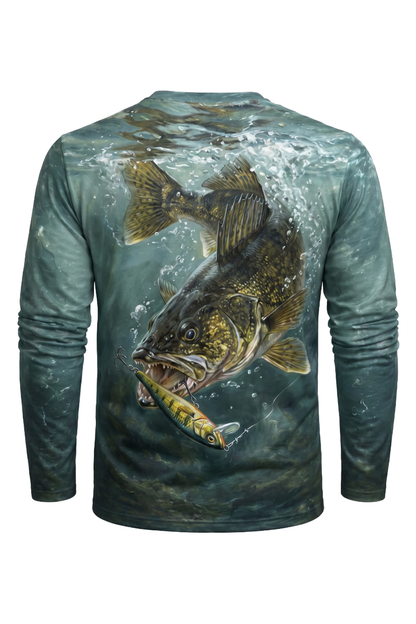 Performance Fishing Long Sleeve - Cold Teal Walleye - AOF102 mockup artwork side