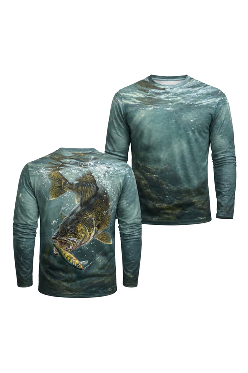 Performance Fishing Long Sleeve - Cold Teal Walleye - AOF102 two shirts front artwork