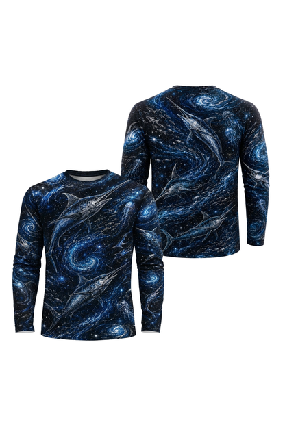Performance Fishing Long Sleeve - Cosmic Billfish Vortex - RS09 two shirts front artwork