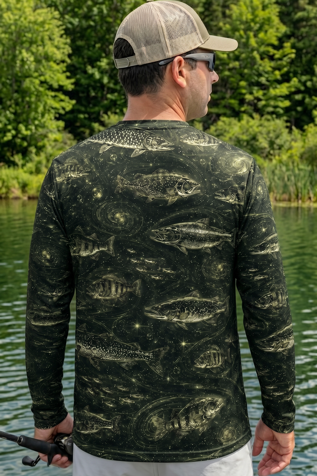 Performance Fishing Long Sleeve - Cosmic Green Fish Pattern - RP01 lifestyle artwork side