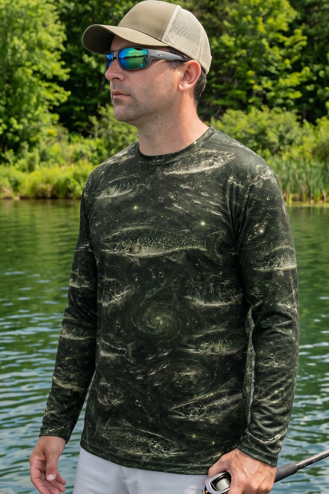 Performance Fishing Long Sleeve - Cosmic Green Fish Pattern - RP01 lifestyle opposite side