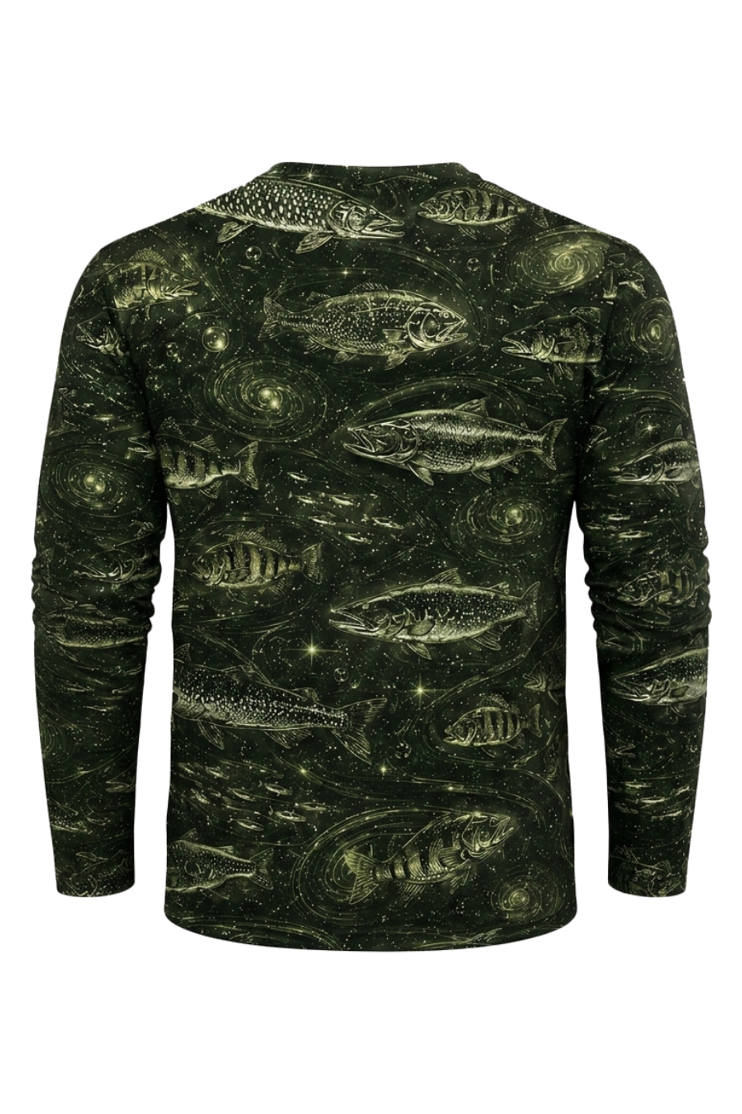 Performance Fishing Long Sleeve - Cosmic Green Fish Pattern - RP01 mockup artwork side