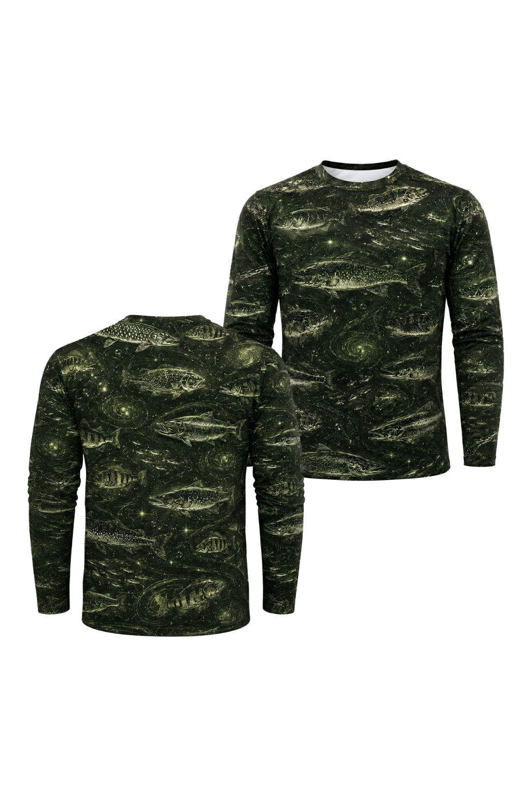 Performance Fishing Long Sleeve - Cosmic Green Fish Pattern - RP01 two shirts front artwork