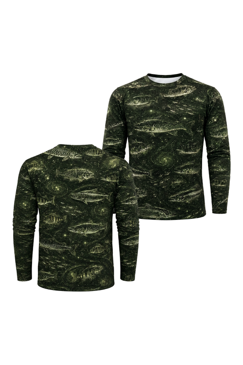 Performance Fishing Long Sleeve - Cosmic Green Fish Pattern - RP01 two shirts front artwork